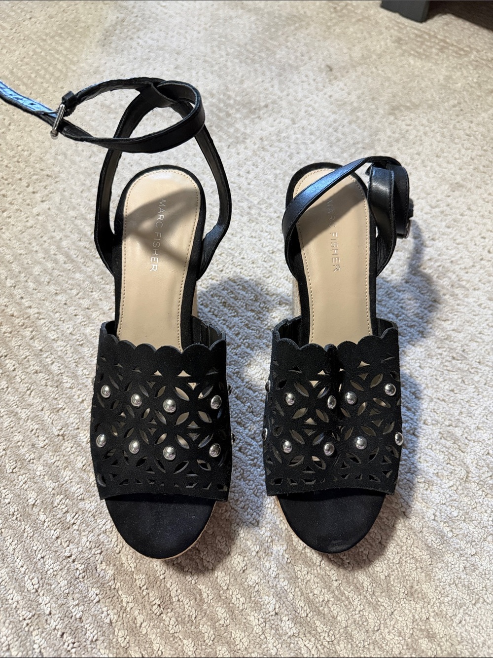 Marc Fisher Black Laser-Cut Studded Ankle-Strap Heels